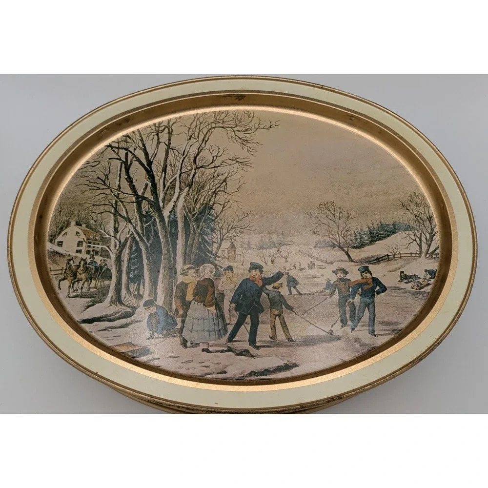 Sunshine Biscuits Tin Both Trays Currier & Ives American Homestead Winter Summer